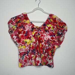 Bold Floral Puff Sleeve Blouse Statement Top Romantic Cottagecore Peplum Medium